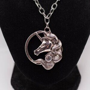 Handmade Large Silvertone Jeweled Unicorn Cameo Necklace, New